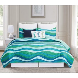 C&F Home Deep Blue Sea Waves Full/Queen 3 Piece Quilt Set with 2 Shams All Season Reversible Lightweight Microfiber Summer Beach Ocean Coastal Bedspread Coverlet Full/Queen 3 Piece Set Aqua