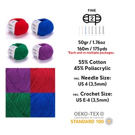 HobbyMia 4 Balls Different Color Cotton Yarn Pack & 10pcs Stitch Markers Soft Yarn for Knitting & Crochet - 4X (50gr / 175yds) - (2) Sport, Fine Weight Baby Yarn for Amigurumi (H15 - Vibrant-2)