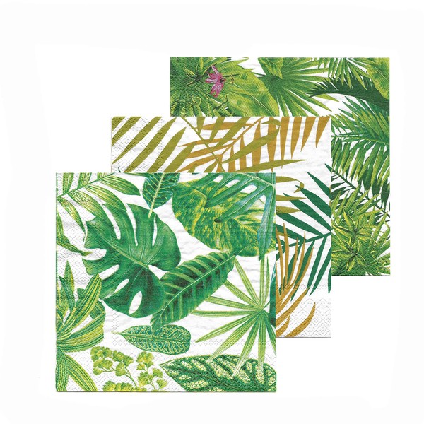 Servilletas de hojas de palma, 3 paquetes de 20, papel de 3 capas, tamaño del almuerzo 6 3/4 x 6 3/4 pulgadas, 3 patrones vibrantes: palmas y hojas, hojas y hojas verdes y flores moradas