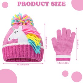 Hioph Girls Unicorn Hat and Gloves Set, Kids Winter Hat Knitted Pom Beanie Hat - Pink - Gift for Girls age 3-8