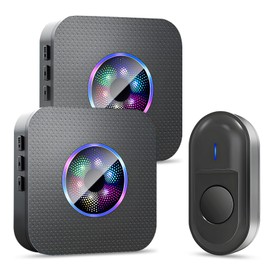 Wireless Doorbell Set, 300 m Range, IP55 Outdoor Waterproof Front Door Bell with 2 Plug-In Receivers, 55 Melodies, 5 Volume Levels, RGB Light