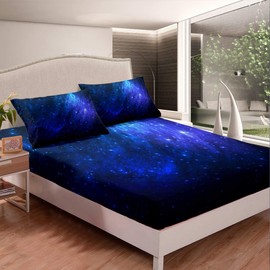 Galaxy Print Bedding Set Chic Blue Starry Sky Fitted Sheet for Kids Boys Girls Teens Out Space Milky Way Bed Sheet Set Mystery Glitter Bed Cover Room Decor Single Size