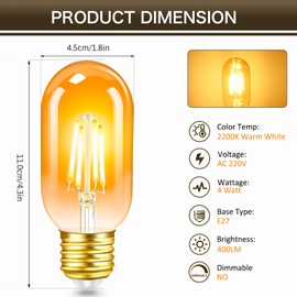 Caldarax 2 Stck E27 LED 4W Edison Vintage Glhbirne, Bernstein Glas, Ersetzt 40W Glhlampen, Warmwei? 2200K, 400LM, Nicht Dimmbar, T45 Vintage Licht, Nostalgische Dekoration fr Zuhause, Caf, Bar
