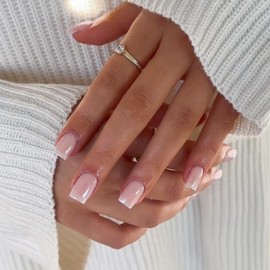 Chrome False Nails Short, SXVME Glazed Pastel Pink Press On Nails Short Square, Glitter Shine Fake Nails Glue on Nails Short Cute, Acrylic Stick on Nails for Women Daily & Party Wear