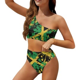 Hresuewn Jamaican Flag One Shoulder Swimsuits for Women Two Piece Bathing Suit High Waited Tummy Control Lightweight Swimwear Vacation Outfits