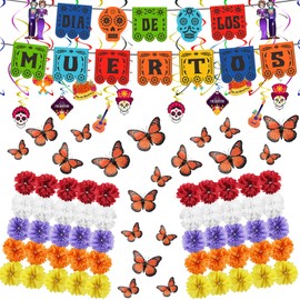 124 PCS Mexican Dia De Los Muertos Altar Kit, Day of the Dead Marigold Flowers & Butterfly Decor for Ofrenda Decorations