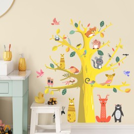 SHUCHING Yellow Animal Tree Wall Decals Peel and Stick, Raccoon Birds Deer Wall Stickers, Wall Décor Art for Kids Nursery Living Room Bedroom Playroom