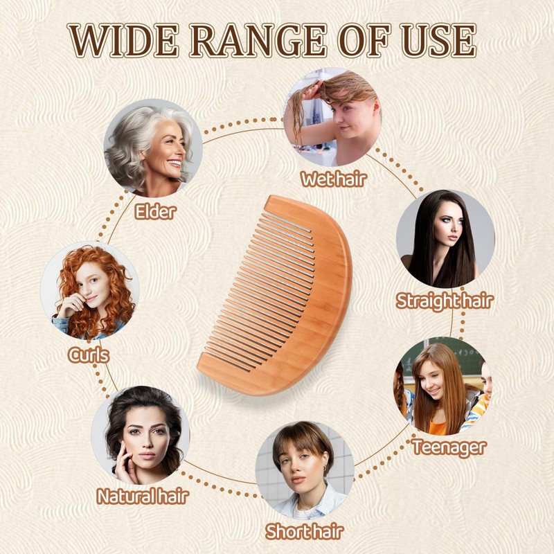 Natural Peach Wood Comb, 2 Pack Mini Wooden Comb Anti-Static