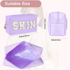 Preppy Patch Makeup Bag,Travel Cosmetic Bags PU Leather Portable Waterproof Toiletry Storage Case with Chenille Letter Zipper Daily Use Pouch for Women,Lilac Purple Skin