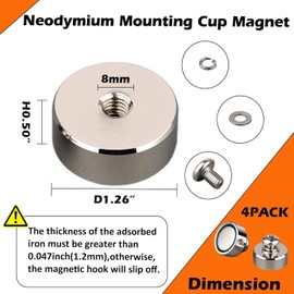ULIBERMAGNET Lot de 4 aimants ronds en néodyme puissants de 40 kg with filetage femelle M8, support magnétique amovible puissant pour l'éclairage, les outils, l'équipement with boulon