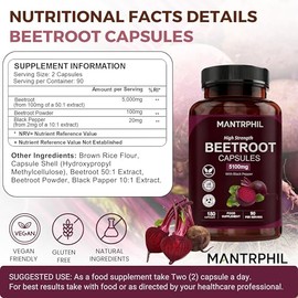 Beetroot Capsules 5100mg – High Strength Beetroot Supplement with Black Pepper – 180 Capsules – Nitric Oxide Support – Enriched with Black Pepper – Vegan, Non-GMO