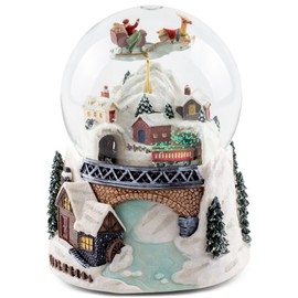 Musicbox Kingdom 63060 Flying Santa Sleigh with Train, Multicolor 6 Inches Polymer Resin Christmas Musical Snow Globe