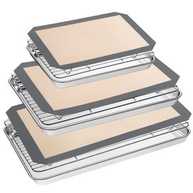 Baking Sheet Tray Cooling Rack with Silicone Mat Set, Stainless Steel Cookie Pan For Oven, Set of 9 (3 Sheets + 3 Racks Mats), Warp Resistant & Heavy Duty Easy Clean, Grey