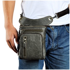 Le'aokuu Hombres Cuero Genuino Bolso Cintura Bolsa de Cuero Pierna Bolsa para Mensajero Bolso Multifuncional Militar Táctico Moto Bicicleta Senderismo Deportes Camping Montar (211-11 El Gris)