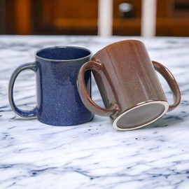 2activelife- Double Grip Ceramic Mug: BPA-Free Dual Handle Design for Secure Hold, 11.83 US Fl. Oz. (350 Ml), Elegant Blue Color, Microwave Safe Drinking (Blue+Brown)