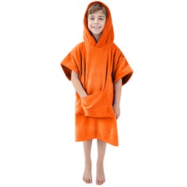 MissShorthair Kids Beach Poncho Towel with Hood, Swim Surf Changing Robe, Boys Girls Hooded Bath Towel 7-10 Years Orange