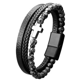 JUZICHEN 21 cm Men's Bracelet, Leather Bracelet, Rosary Bracelet, Cross, Men's Bracelet, Black Brown, Bracelet, Men's Bracelets, Jewellery Gifts for Men, Boys, Men, Leather, 316L stainless steel,