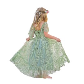 LalaMira Flower Girl Dress Lace Boho Toddler Dresses Backless Ruffle Maxi Girl Dress for Wedding Holiday Beach Party Sage Green-6 Years