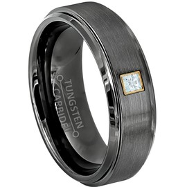 6mm Brushed Gunmetal Tungsten Carbide Wedding Band with 0.05ctw Princess Cut Aquamarine Tungsten Ring - Comfort Fit Tungsten Anniversary Ring - RG Bezel