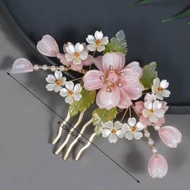 Handcrafted Floral Hair Fork, Pink Cherry Blossom Hair Stick with White Flowers, Pearl Beads, Gold Pins, Traditional Chinese Style Hair Accessories