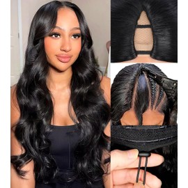 V Part Wig Human Hair Body Wave Upgrade Glueless Wigs Human Hair U part Half Wigs With Clip in V Part Wig Glueless With Elastic Drawstring Body Wave Human Hair Beginner Friendly (22inch)