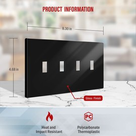 ENERLITES Screwless Quadruple Toggle Switch Wall Plate, Child Safe Light Switch Cover, Standard Size 4-Gang 4.68" x 8.38", Unbreakable Polycarbonate Thermoplastic, UL Listed, SI8814-BK, Glossy, Black