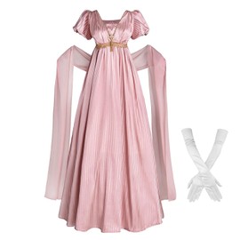 Nuoqi Regency Dresses for Women 1800s Victorian Dress Empire Waist Ball Gown with Gloves Pink, L
