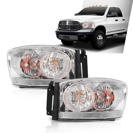 DOTCOM Headlights Assembly w/Bulbs Light Bar,Compatible with Dodge Ram 1500 2006-08/Ram 2500 3500 2006-09 55077794AB 55077795AB,Clear Lens Chrome Housing Clear Reflector Driver Side & Passenger Side