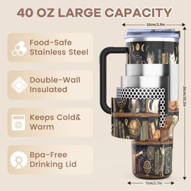 Book Lovers 40Oz Cat Tumbler with Handle and Straw, Stainless Steel Cup