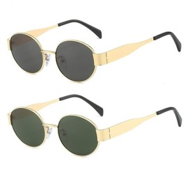 2 Pieces Retro Oval Polarized Sunglasses for Women and Men, UV400/UVB400 Protection (Gold/Black&Gold/Green)