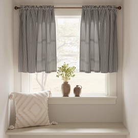 TOPICK Striped Small Curtains 36 Inch Drop Linen Kitchen Curtains Translucent Short Cafe Curtains Flax Light Filtering for Country Small Window Basement Sink Laundry Room 2 Panels Black on Beige