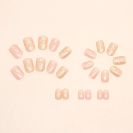 Short Square Press on Nails SWEKKE Fake Nails Pink Full Cover Glue on Nails Gold Glitter False Nails with Designs Glossy Acrylic Press on Nails Stick on Nails Artificial Nails for Women Girls 24 Pcs