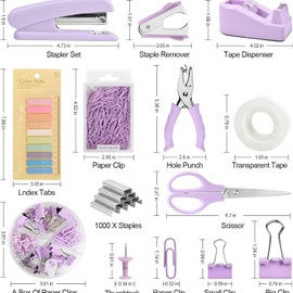 ATDORO Office Supply Set, 10 Set Desk Accessories Include Stapler and Tape Dispenser Lndex Tabs Staple Remover Hole Punch Scissor and Clips Accessories Office Supply for Students (Purple)