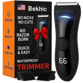 Bekhic® Manscape Groin & Body Hair Trimmer for Men – Waterproof Pubic Hair Shaver & Ball Groomer with LED Light – No-Nick Ceramic Blade, 90-Min Runtime, Cordless Wet/Dry Clipper for Sensitive Skin