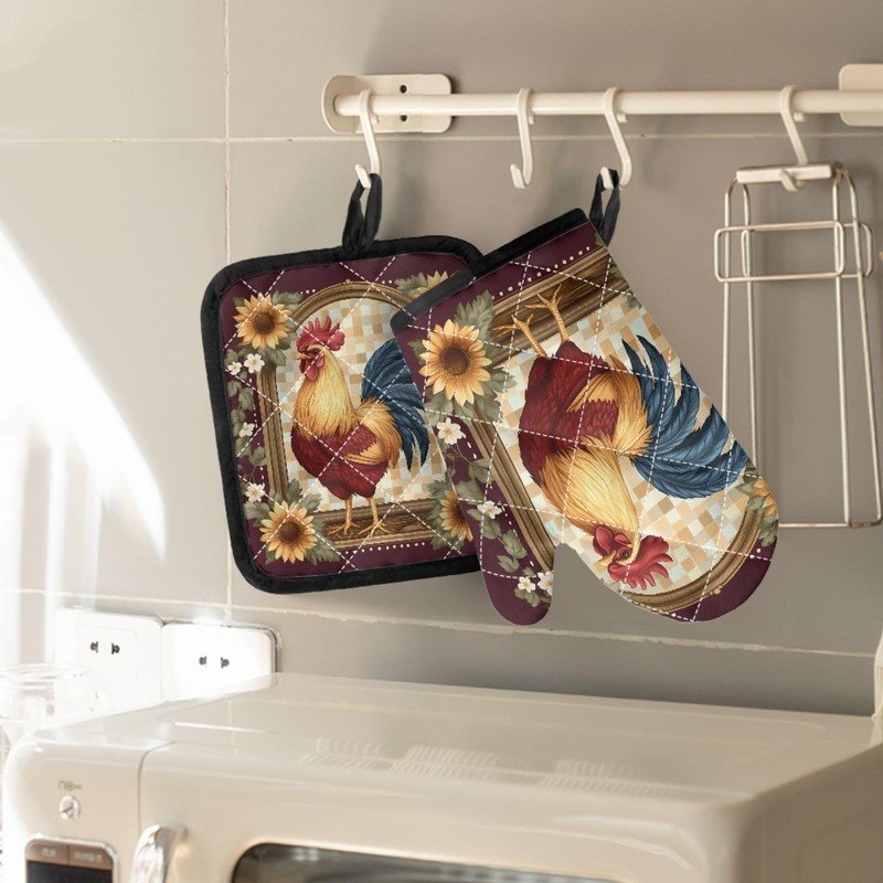 Biyejit Sunflower and Rooster Oven Mitts and Pot Holder Set