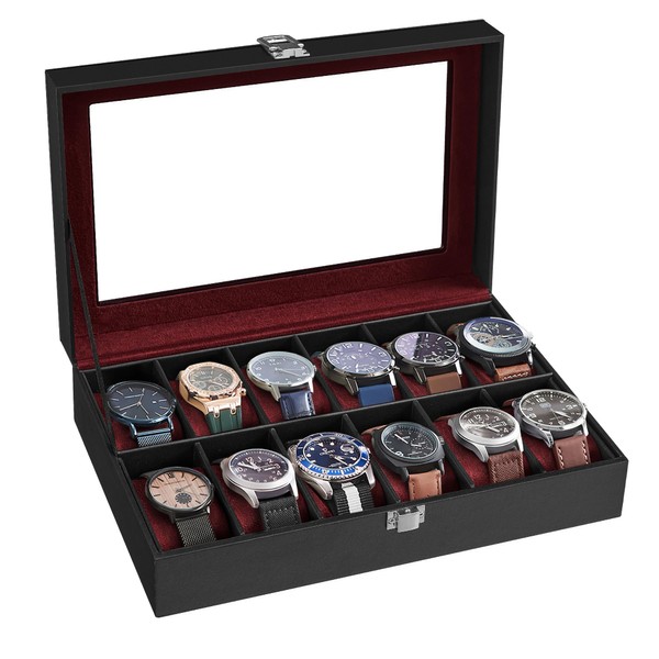 SONGMICS Watch Box, Christmas Gifts, 12-Slot Watch Case with Large Glass Lid, Removable Watch Pillows, Organizer, Gift for Loved Ones, Black Synthetic Leather, Wine Red Lining UJWB120R01