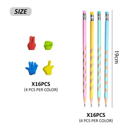 DUINIU 16 Pieces of Children's Hb Pencils, 16 Pieces of Finger Erasers, Triangular Pencils, Pencils with Eraser, Hole Correction Pencils, Suitable for Writing and Drawing