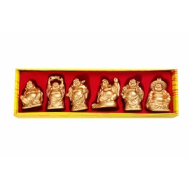 Feng Shui 2'' Golden Resin Laughing Buddha Statue Figurines Set of 6 (Samll Gold)