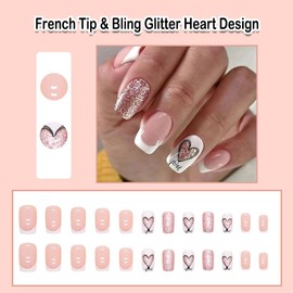 ANDGING French Tip Press on Nails Square Short Medium White Fake Nails Gel Coffin fake on Nails with Bling Glitter Heart Design Acrylic False Nails for Wedding 24Pcs Manicure Stick on Nail with fake