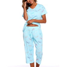 ENJOYNIGHT Women's Cotton Pajamas Set Short Sleeve Top with Capri Pants Sleepwear Set (3X-Large, Flying)