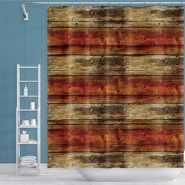OERJU 60x72inch Worn Wooden Shower Stripe Geometry Red Brown Plank Board Vintage Farmhouse Style Waterproof Fabric Bathroom Decor Bath Curtain for Bathtub Shower Curtain Liner Durable with Hooks