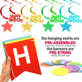 Birthday Decorations, NO DIY, Pre-Strung Happy Birthday Banner with Honeycomb Balls, Hanging Swirls Streamers, Circle Dots Garland, Happy Birthday Party Decorations for Women Men Boys Girls(Rainbow)