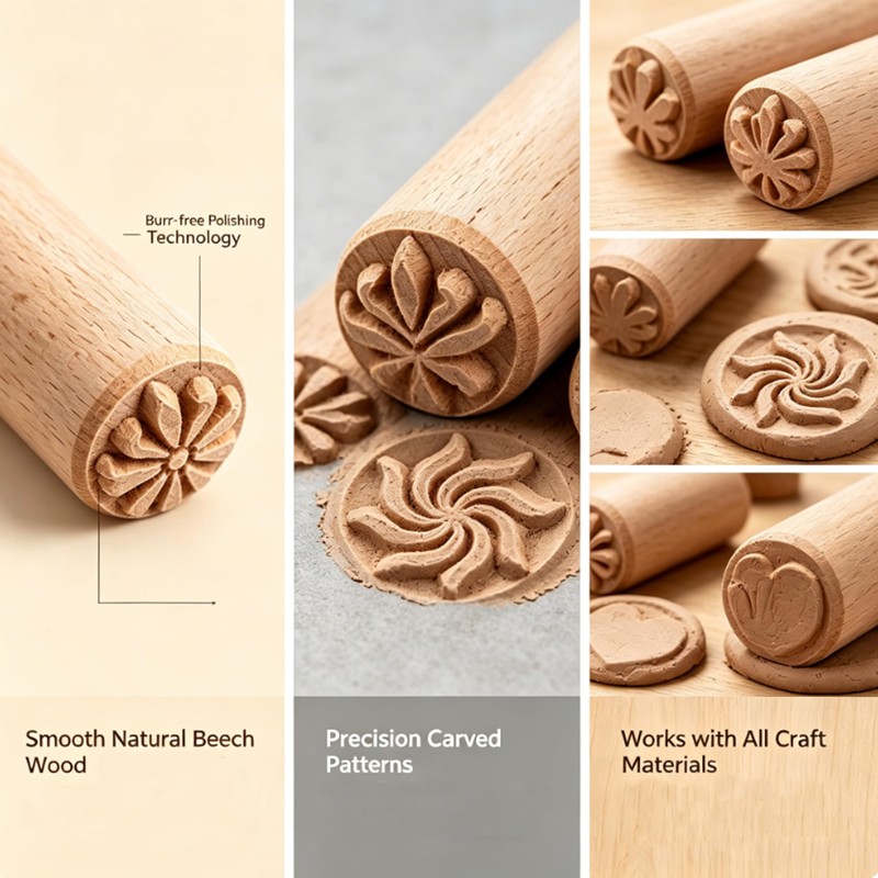7 Piece Wooden Clay Stamps, 2 Inch Recessed Imprint Tools