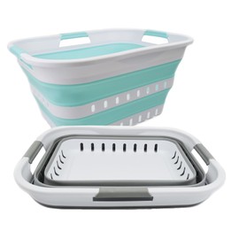 SAMMART Set of 2-30L (8 gallon) Collapsible Plastic Laundry Basket - Foldable Pop Up Storage Container/Organizer - Portable Washing Tub - Space Saving Hamper/Basket (2, Grey + Lake Green)