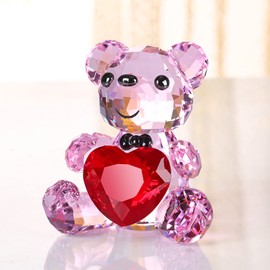 DOJOZ Crystal Teddy Bear Sweet Gifts Figurine Red Heart Lovely Animal Collectible Ornament Birthday (Pink)