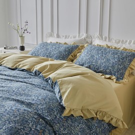 SUSYBAO Blue Orange Floral Duvet Cover Queen 100% Cotton 3 Pcs Set 1 Cute Khaki Ruffle Duvet Cover with Zipper Ties 2 Pillow Shams Farmhouse Purple Green Flower Bedding Set Soft