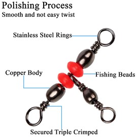 Shaddock 50pcs/box Three Way Fishing Barrel Swivels T-Turn Cross Line Triple Barrel Swivels Red Brass Rolling Swivel Fishing Line Connector Clips with Tackle Box