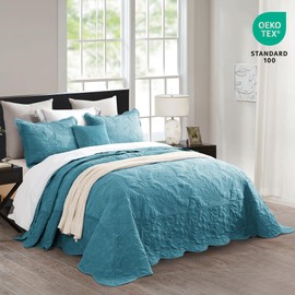 HZ & HY Oversized King Bedspread 138x122 Extra Wide, Quilted Coverlet Bedding Set, Lightweight Thin Comforter, Reversible, Luxurious, 5 Piece, 100% Microfiber, California/Alaskan King, Blue