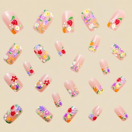 French Tip Press On Nails Medium Coffin Fake Nails with Nude Pink Flowers Design False Nails Medium Coffin Glue on Nails Full Cover Thick Stick on Nails for Women Girls 24Pcs Y690