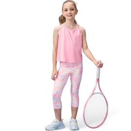 Gogokids Girls' Activewear Workout Set 2 Piece Athletic Sets Sleeveless Mesh Tank Tops and Capris Leggings Yoga Pants, Pink(130/7-8 Years)